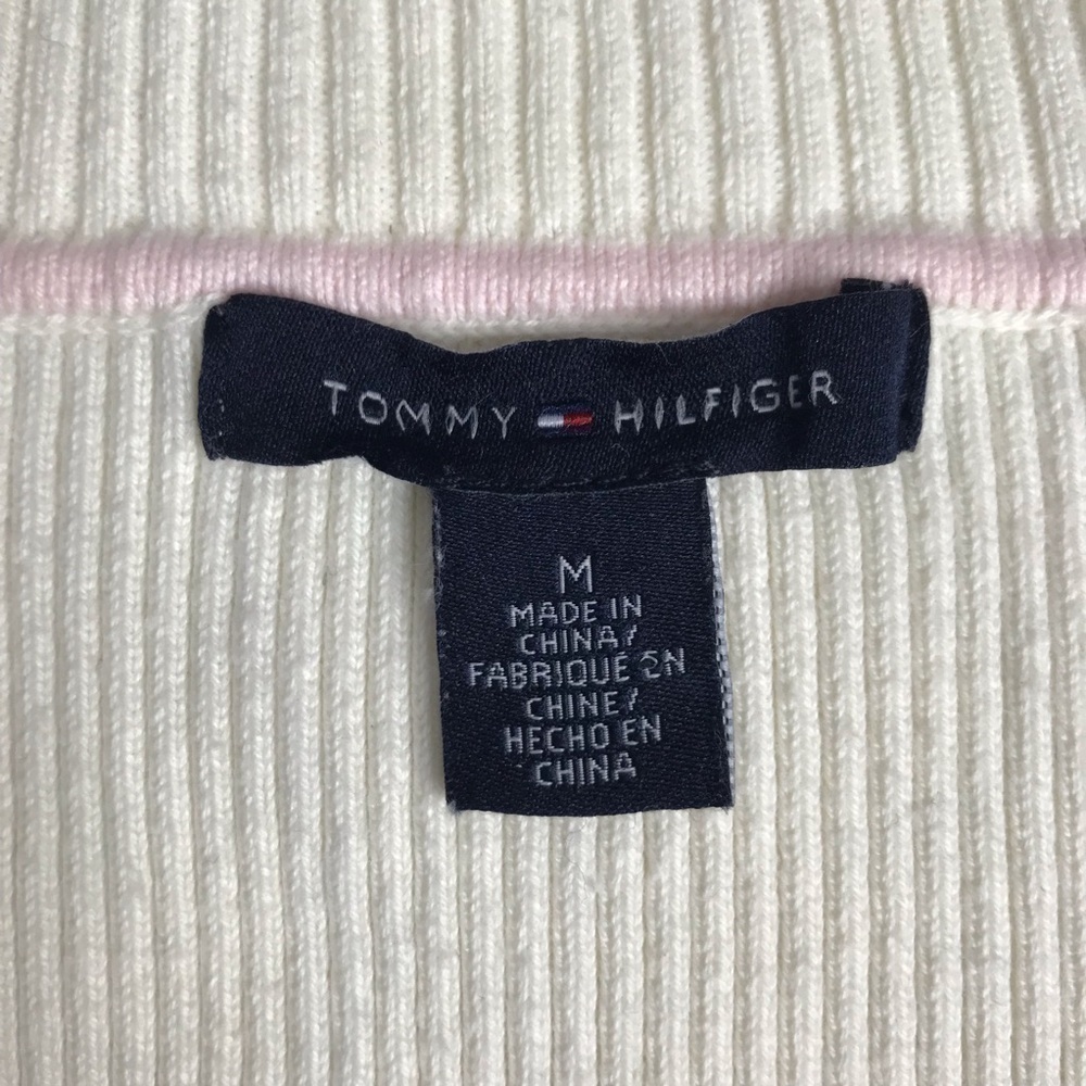 Y2K TOMMY HILFIGER Cream Ribbed Knit Preppy   V-Neck Long Sleeve Top Size Medium - Picture 6 of 13